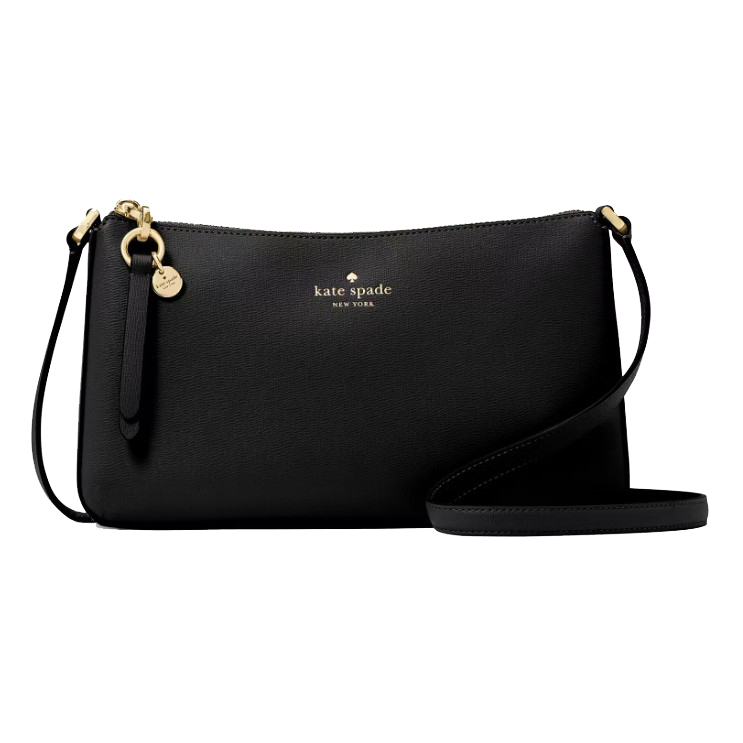 A black Kate Spade New York crossbody bag with a gold zipper and logo, featuring a detachable strap and a decorative tag with a gold charm.
