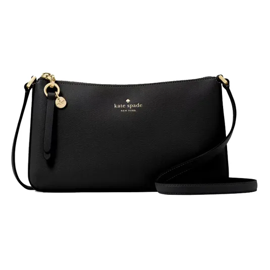 A black Kate Spade New York crossbody bag with a gold zipper and logo, featuring a detachable strap and a decorative tag with a gold charm.