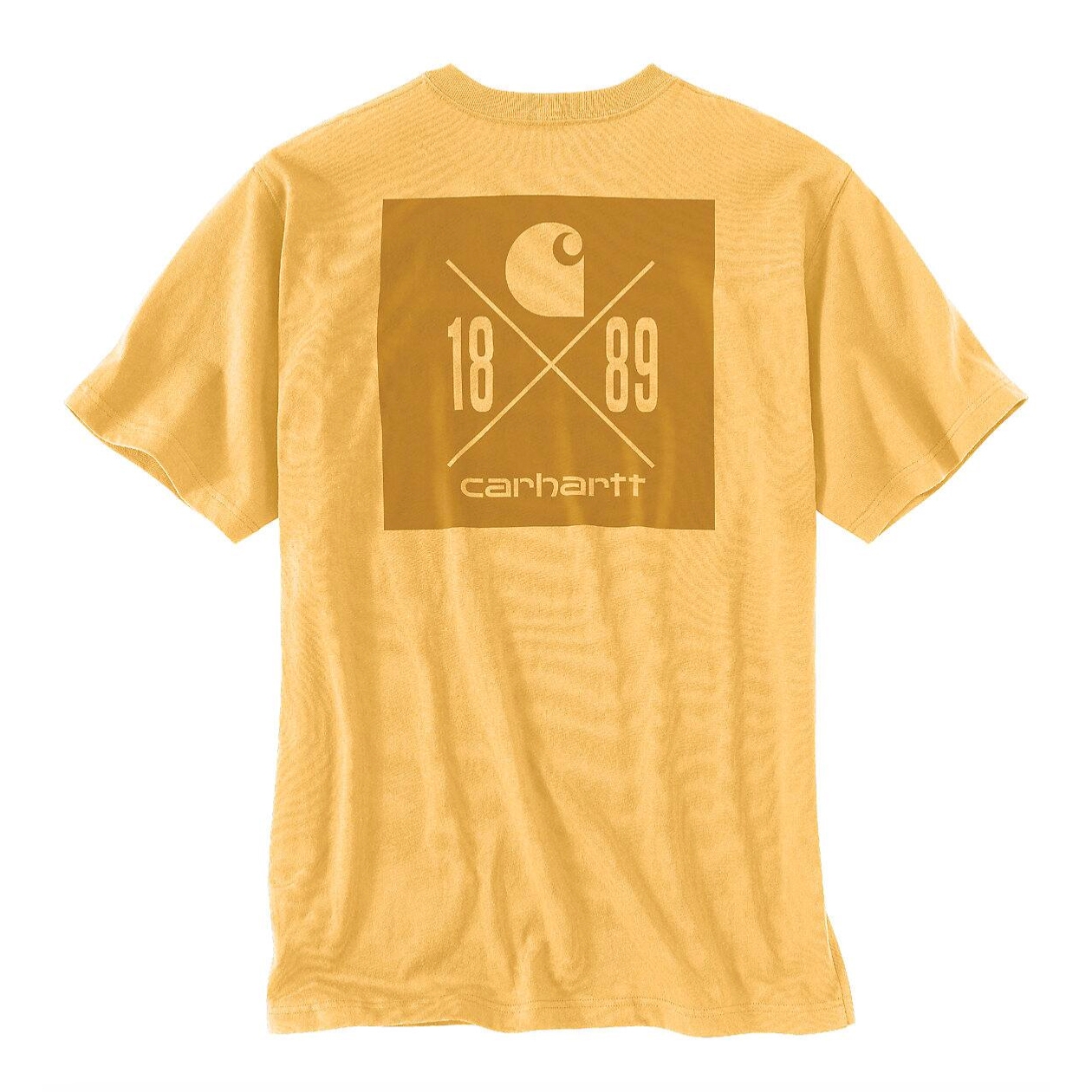 Yellow short-sleeved T-shirt with a large golden square graphic on the back, featuring the moon, \“1889,\“ crossed hammers, and Carhartt logo.