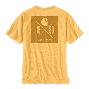 Yellow short-sleeved T-shirt with a large golden square graphic on the back, featuring the moon, \“1889,\“ crossed hammers, and Carhartt logo.