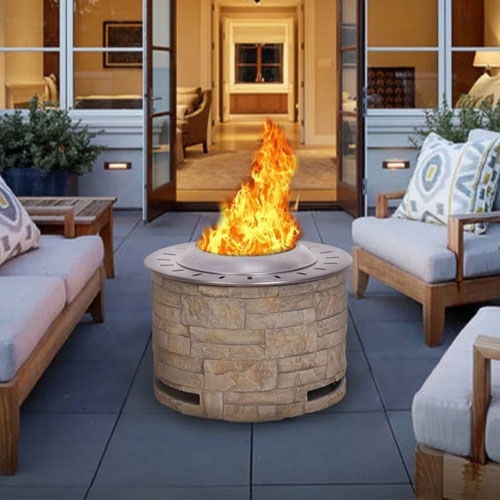 15\“ Smokeless Fire Pit with a stone-like exterior, designed for outdoor spaces, flanked by patio furniture. The fire pit features adjustable airflow for reduced smoke and a central flame for warmth.