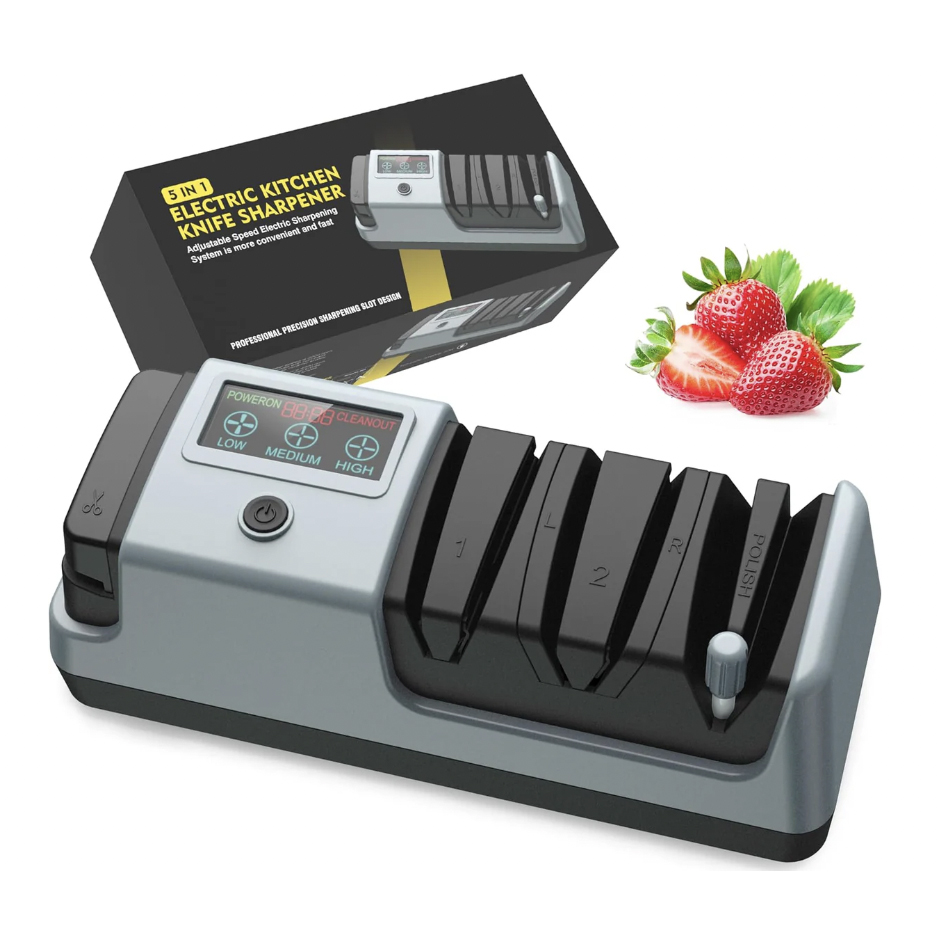 An electric kitchen knife sharpener with an adjustable speed control system, alongside its packaging box and strawberries for context.