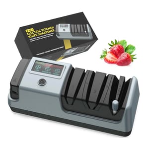 An electric kitchen knife sharpener with an adjustable speed control system, alongside its packaging box and strawberries for context.