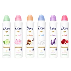 Six Dove \“Go Fresh\“ deodorants are displayed, featuring scents: cucumber & green tea, lotus flower, shea butter & vanilla, original, lavender, and pomegranate. Each can has a unique colored cap and 48-hour protection label.