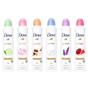 Six Dove \“Go Fresh\“ deodorants are displayed, featuring scents: cucumber & green tea, lotus flower, shea butter & vanilla, original, lavender, and pomegranate. Each can has a unique colored cap and 48-hour protection label.