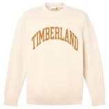A beige sweater with the word \“Timberland\“ in bold, arched brown letters across the front. It features ribbed cuffs and hem.