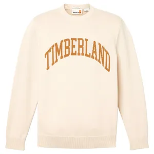 A beige sweater with the word \“Timberland\“ in bold, arched brown letters across the front. It features ribbed cuffs and hem.