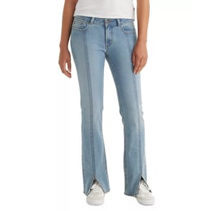 Levi's Seamed Superlow Bootcut Jeans feature a light blue wash with distinct vertical seams and a subtle flare at the hem. They have a low-rise fit and front slits at the bottoms, paired with a classic five-pocket design.
