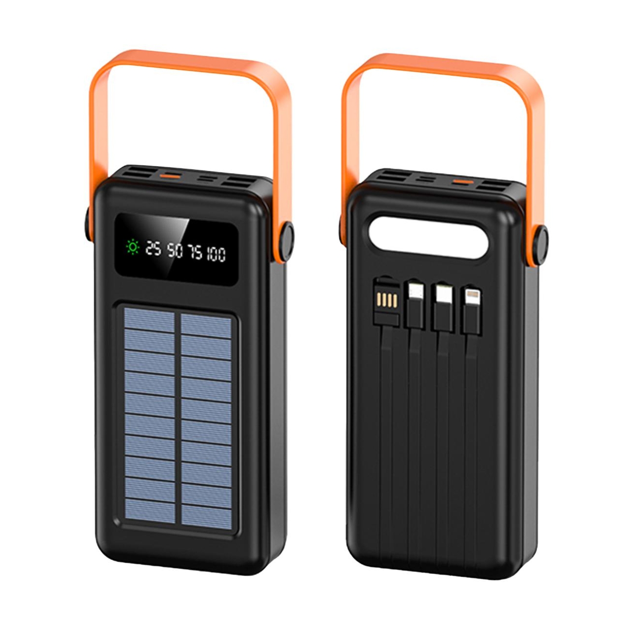 A portable solar power bank with an orange handle features a digital display showing charge levels (25, 50, 75, 100) and built-in cables for USB, micro USB, and Lightning connections.