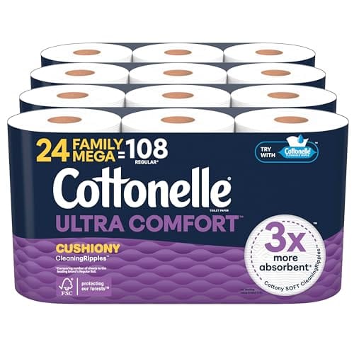 Cottonelle Ultra Comfort toilet paper, 24 Family Mega Rolls equating to 108 regular rolls, features cushioning and is claimed to be 3 times more absorbent with CleaningRipples texture.