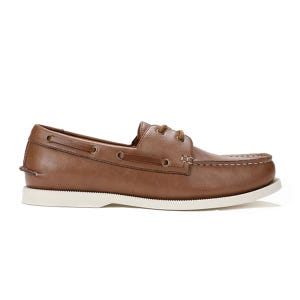 Brown leather boat shoe with white sole, featuring moccasin-style stitching and side lacing details.