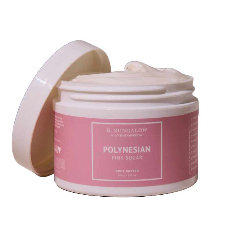 B. Bungalow by Beachwaver Co. Polynesian Pink Sugar Body Butter is an 8 fl oz (237 mL) moisturizing cream with a pink label and white container, featuring a creamy texture for skincare.