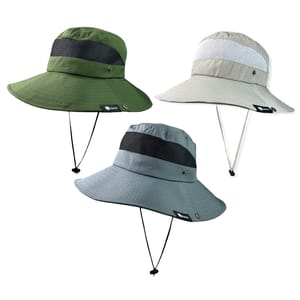 Three vented sun hats are shown in green, gray, and beige. Each hat features a wide brim, mesh ventilation band, chin strap, and eyelets for breathability.