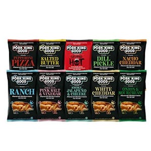 10pk Pork King Good Pork Rinds includes flavors: Pepperoni Pizza, Salted Butter, Stupid Hot, Dill Pickle, Nacho Cheddar, Ranch, Himalayan Pink Salt & Vinegar, Smoky Jalapeño & Cheese, White Cheddar, and Onion & Sour Cream.