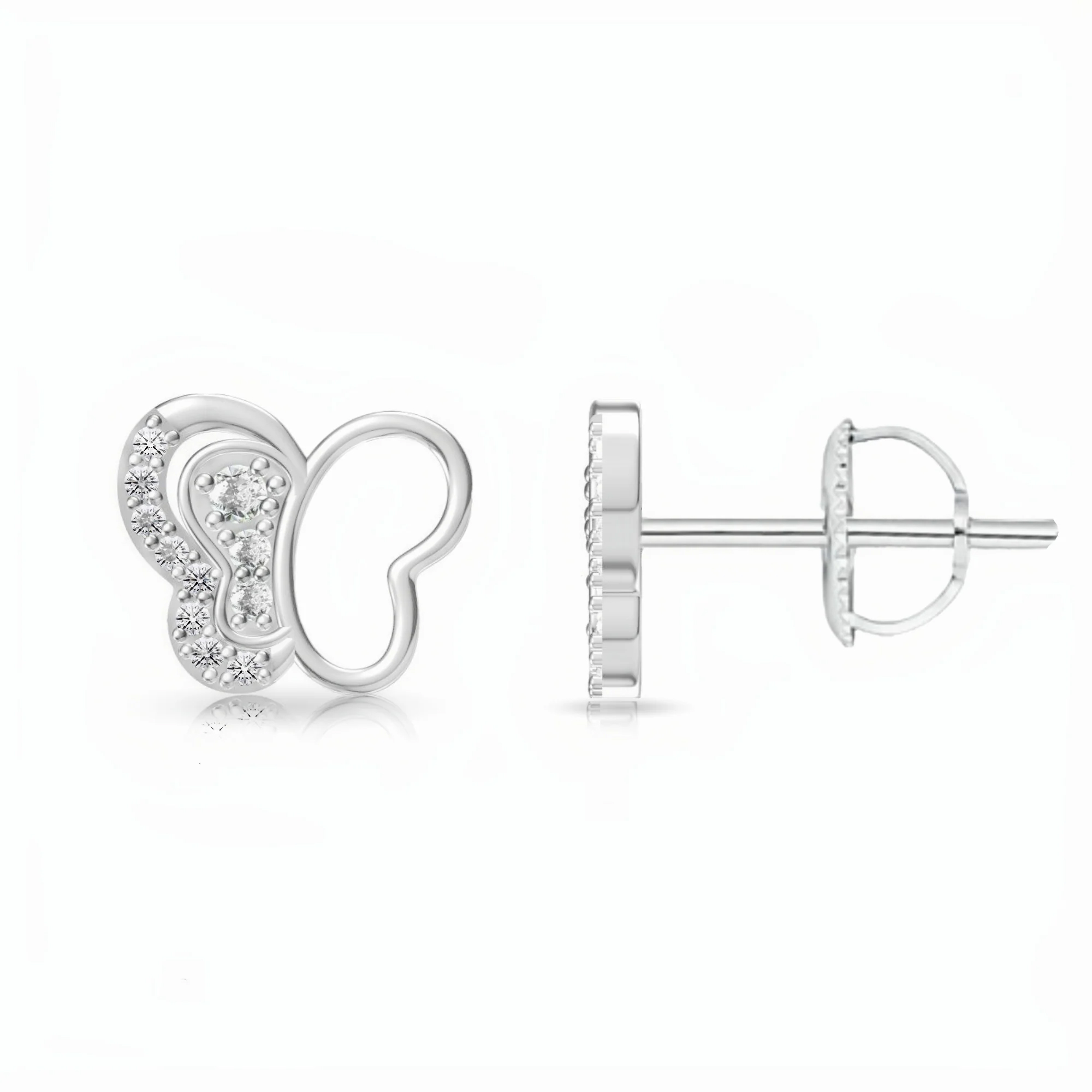 Butterfly-shaped stud earrings in silver with sparkling crystal embellishments, featuring a push-back closure.