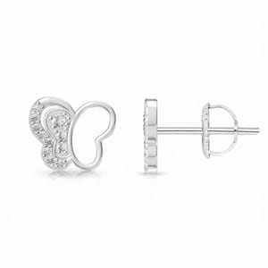 Butterfly-shaped stud earrings in silver with sparkling crystal embellishments, featuring a push-back closure.