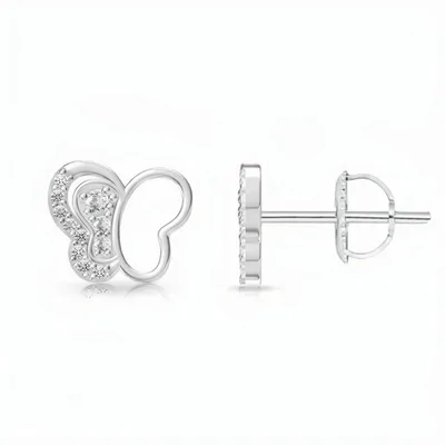 Butterfly-shaped stud earrings in silver with sparkling crystal embellishments, featuring a push-back closure.