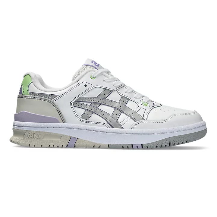 White Asics sneakers with gray and green accents.