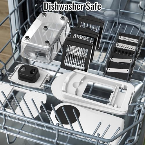 A variety of kitchen tool parts, including blade attachments and a clear container, are arranged in a dishwasher rack. They are labeled as dishwasher safe for easy cleaning.