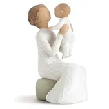 A carved figurine of a seated woman holding an infant, both dressed in white, with a focus on the simplicity and warmth of the parent-child relationship.