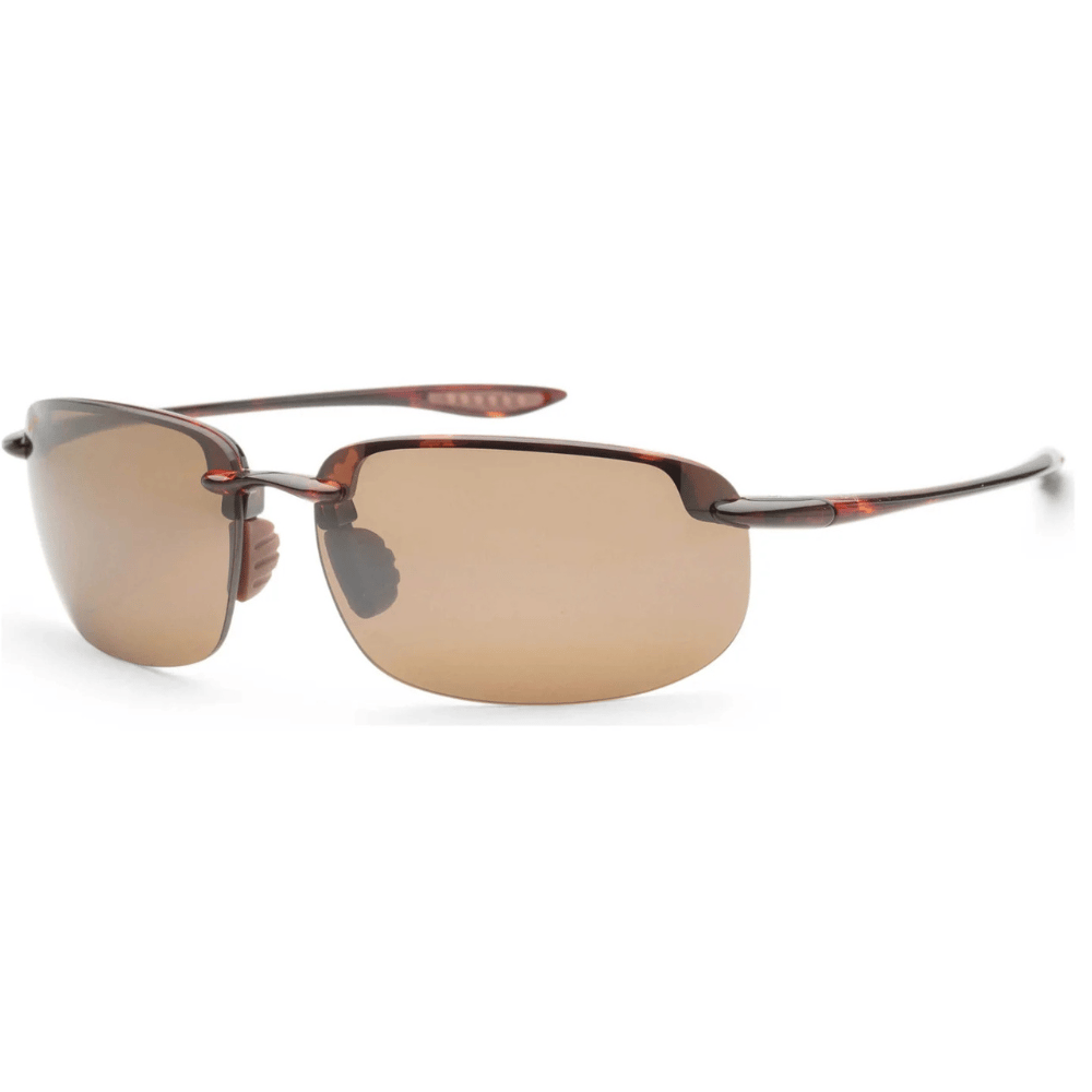 Rimless sunglasses with brown-tinted lenses and brown metal frames, featuring textured nose pads.