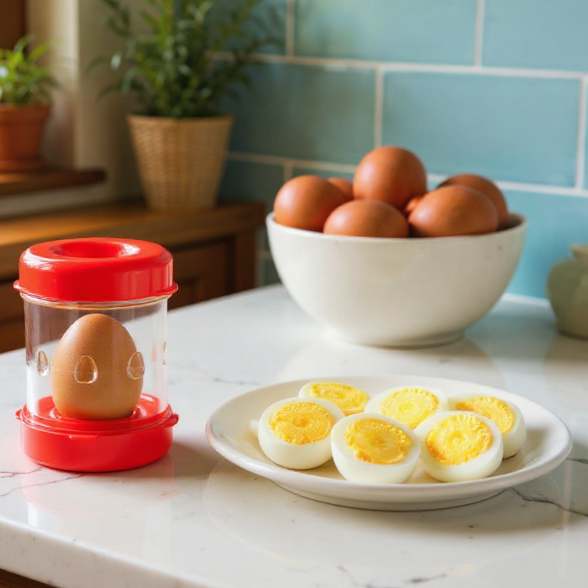 A countertop egg cooking device with a red base and clear body sits beside a plate of hard-boiled egg halves and a bowl of whole eggs. The kitchen features a turquoise tiled backsplash and potted plants.