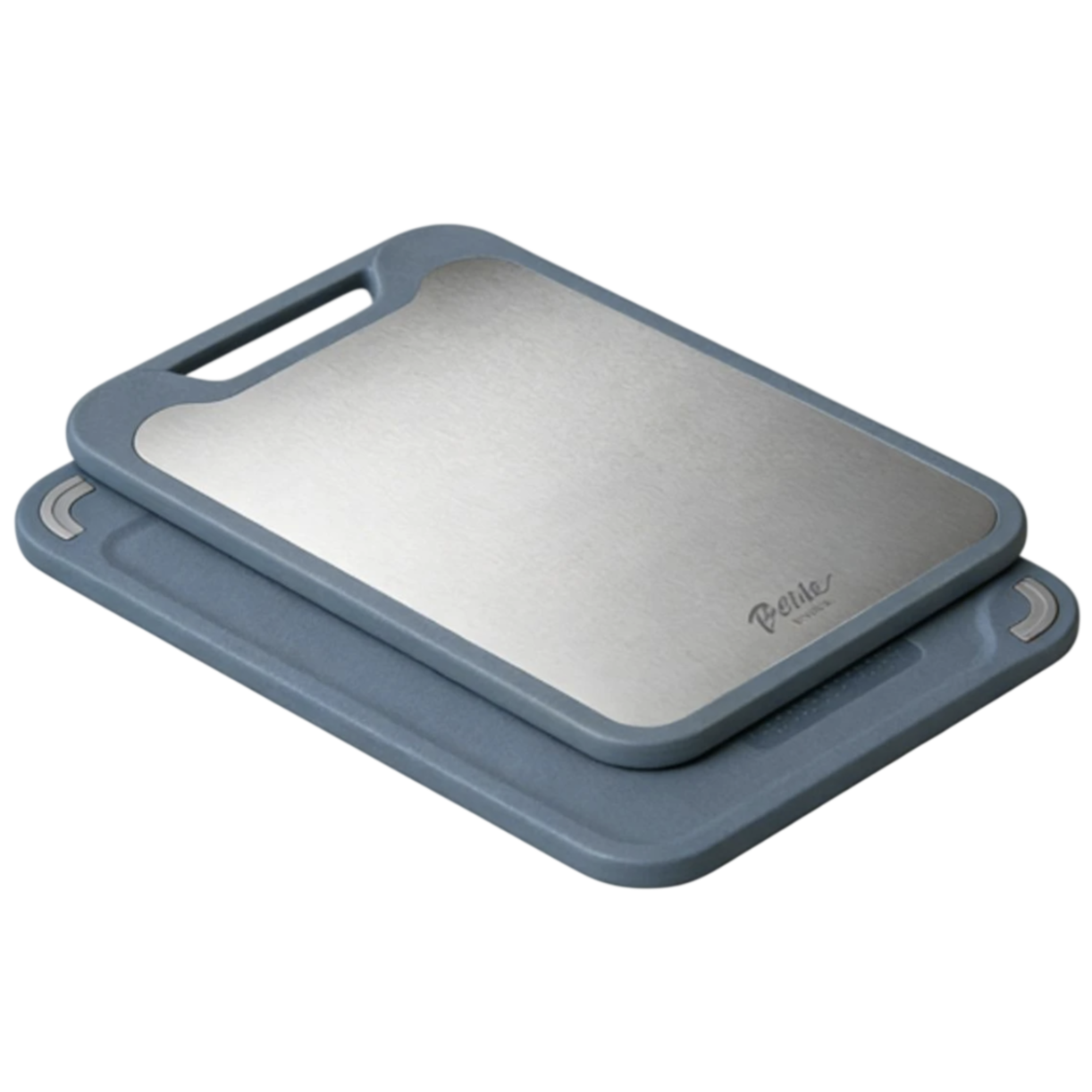 Two cutting boards stacked, one with a metallic surface and a handle. The boards have rounded corners and are designed for kitchen use.