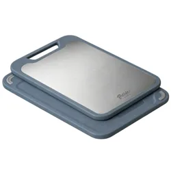 Two cutting boards stacked, one with a metallic surface and a handle. The boards have rounded corners and are designed for kitchen use.