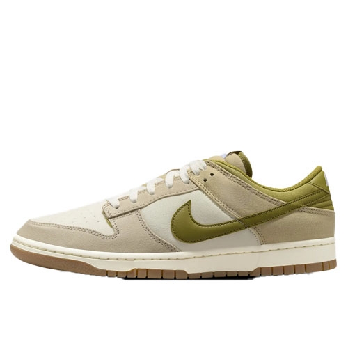 Olive and beige low-top sneaker with a gum sole and iconic swoosh logo on the side.