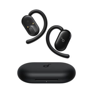 Wireless earphones with ear hooks and a charging case, featuring a sleek black design.