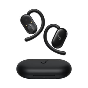 Wireless earphones with ear hooks and a charging case, featuring a sleek black design.