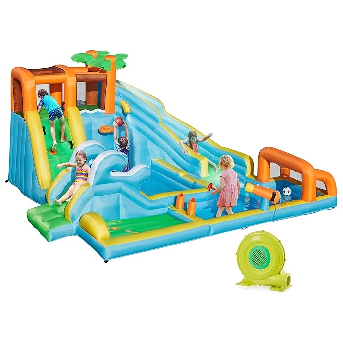 Inflatable water park featuring slides, a splash pool, climbing area, and toy water cannons, designed for kids' outdoor play. A yellow inflatable blower is included.