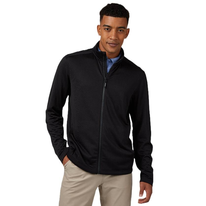The 32 Degrees Full-Zip Top is a black long-sleeve outerwear piece with a zippered front, featuring a slight texture and a stand collar. It is paired with light khaki pants.