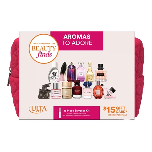 13-piece fragrance sampler featuring various perfume miniatures from popular brands, housed in a zippered red pouch. Includes a $15 gift card, offering a selection of different scents for sampling.