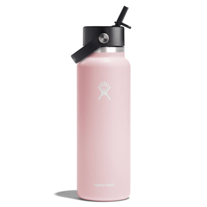 A pink Hydro Flask bottle with a black cap and straw, featuring the Hydro Flask logo.