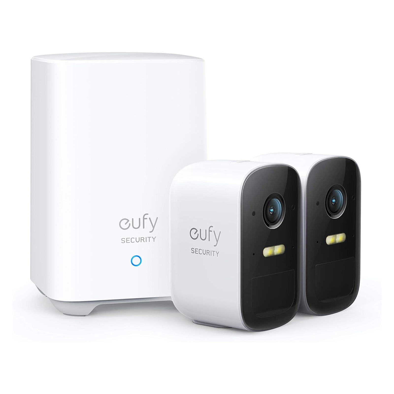 Two Eufy Security wireless cameras alongside a home base station.