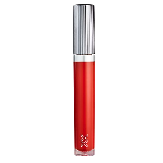 A red liquid lipstick in a clear tube with a ribbed silver cap and a logo near the bottom.