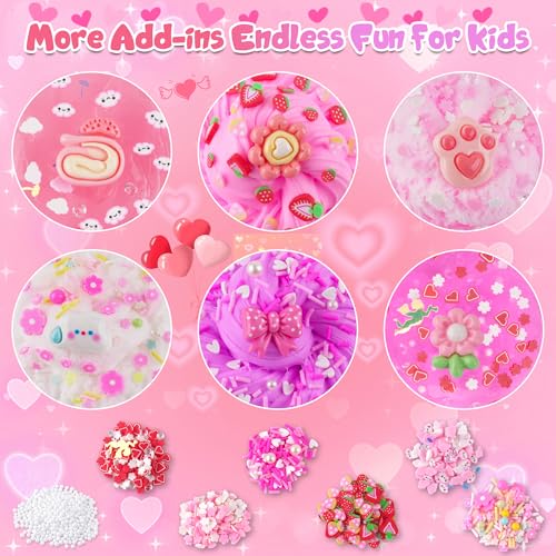 A collection of colorful add-ins for kids' crafts, featuring various shapes like hearts, flowers, and strawberries in pink and red hues, designed to enhance creativity and play.
