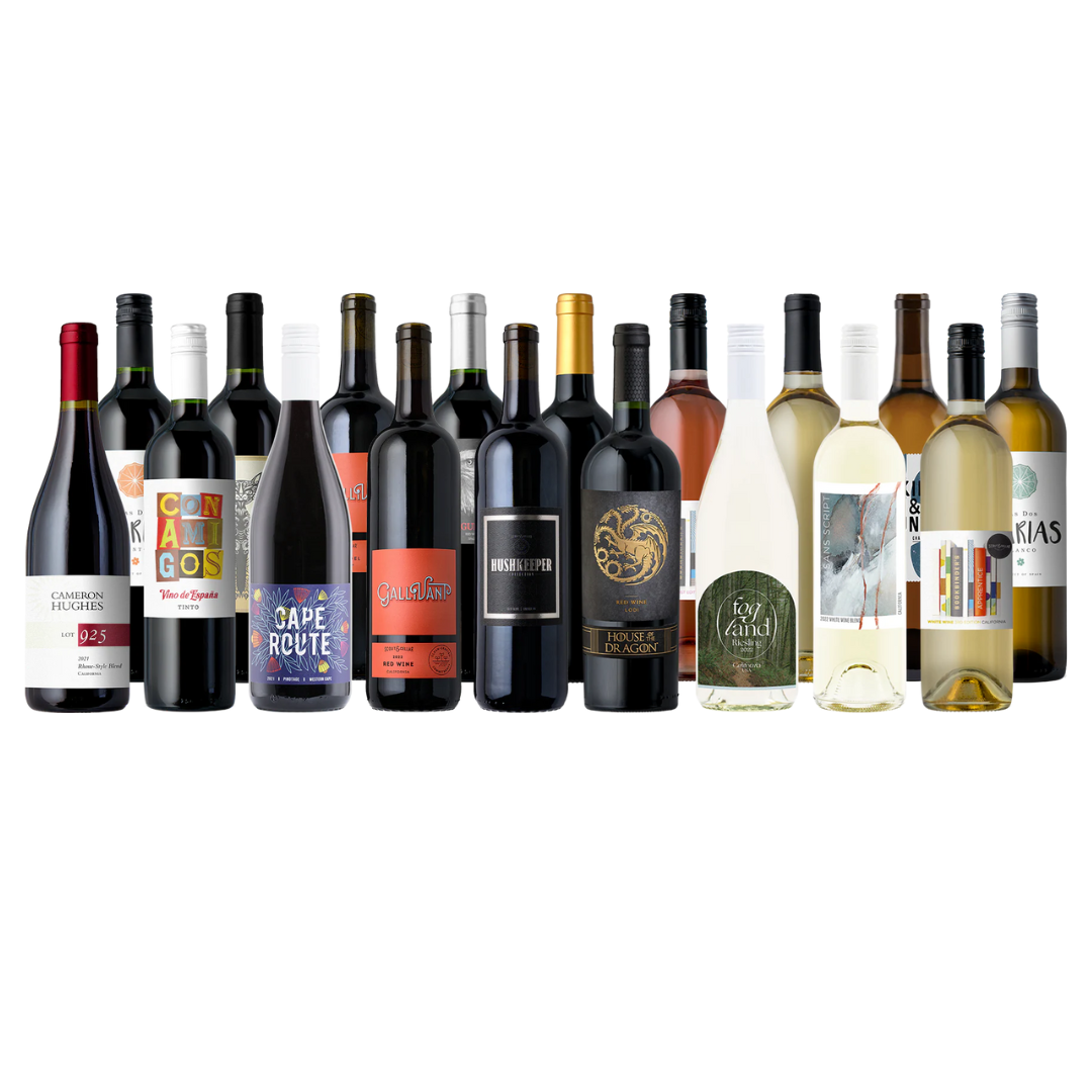 A selection of various wine bottles, featuring both red and white wines with diverse labels and designs, displayed side by side.