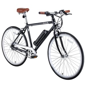 A black Hurley electric bicycle with brown seat and handle grips, featuring thin tires and a slender frame, designed for urban commuting.
