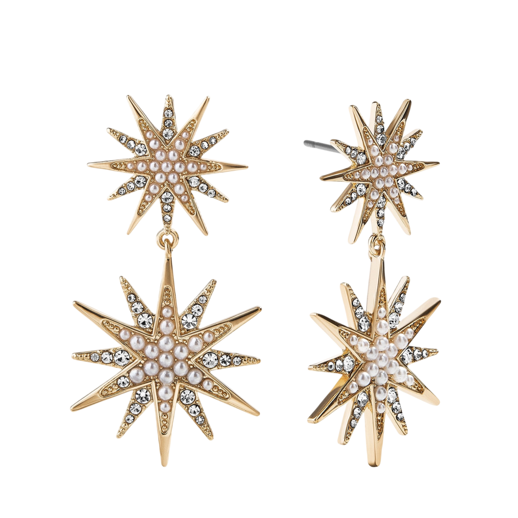 Gold-tone drop earrings featuring starburst designs with small pearls and sparkling crystals.