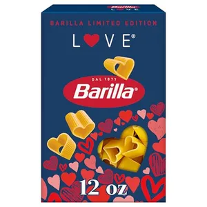 Barilla Limited Edition pasta, 12 oz box, featuring heart-shaped pasta and a love-themed design with red and pink hearts.
