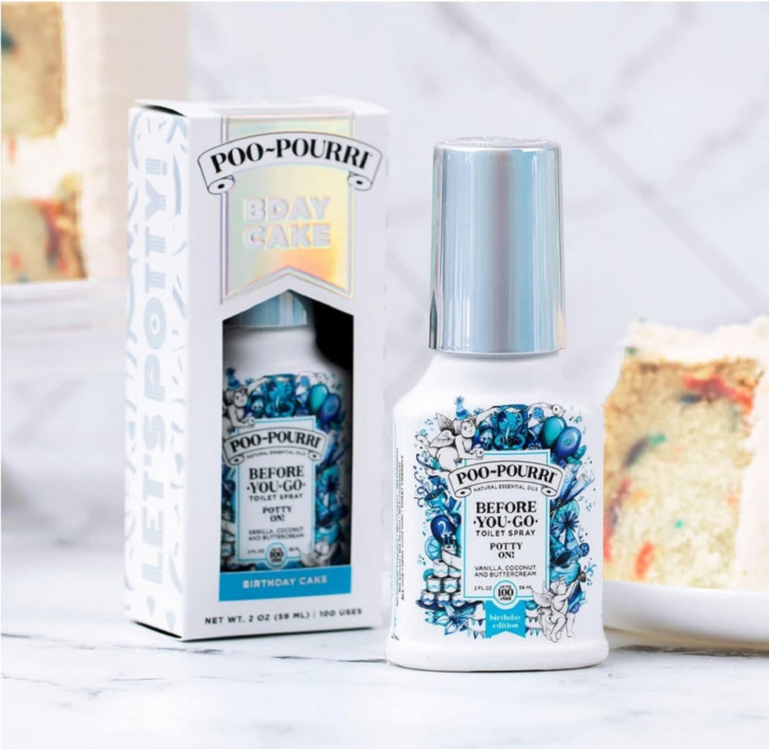 Poo-Pourri Birthday Cake scented before-you-go toilet spray in packaging and bottle next to a slice of cake.