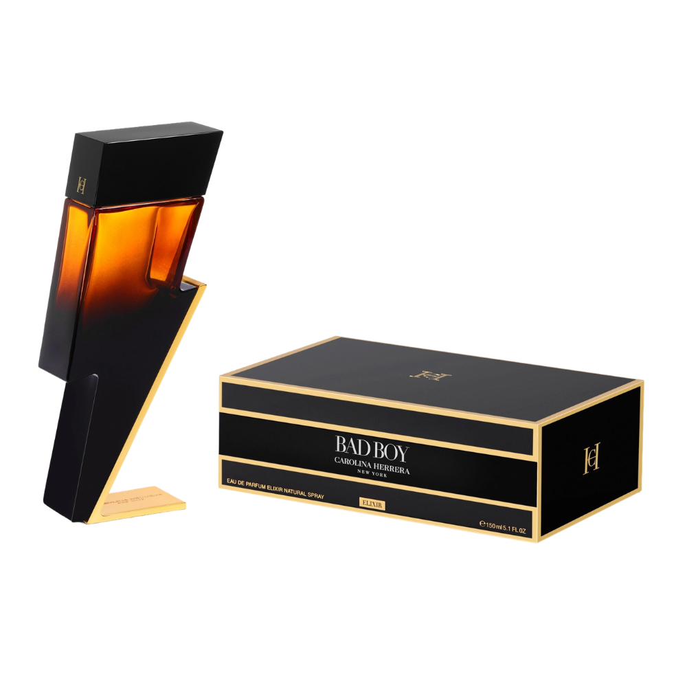 Carolina Herrera Bad Boy Elixir Eau de Parfum, featuring a lightning bolt-shaped bottle alongside a black and gold accent box, 150 ml (5.1 FL.OZ).