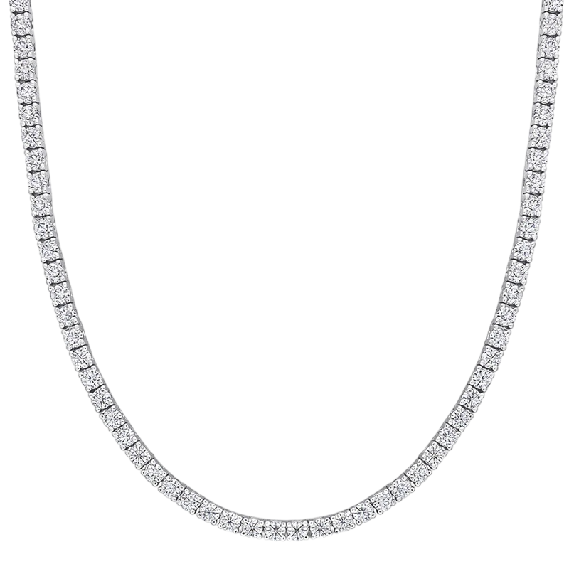 A silver-colored tennis necklace featuring rows of small, sparkling diamonds.
