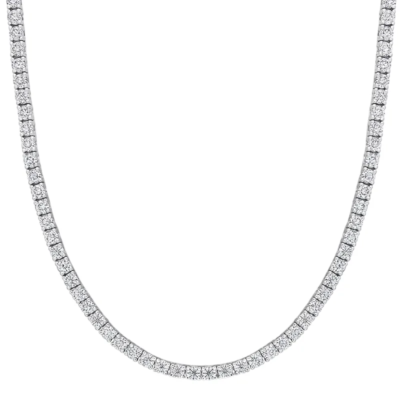 A silver-colored tennis necklace featuring rows of small, sparkling diamonds.