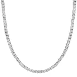 A silver-colored tennis necklace featuring rows of small, sparkling diamonds.