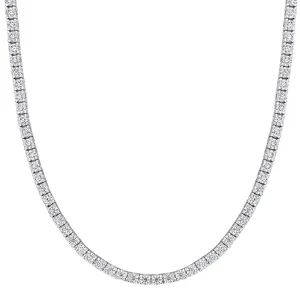 A silver-colored tennis necklace featuring rows of small, sparkling diamonds.