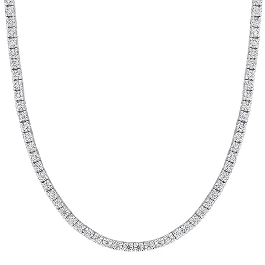 A silver-colored tennis necklace featuring rows of small, sparkling diamonds.