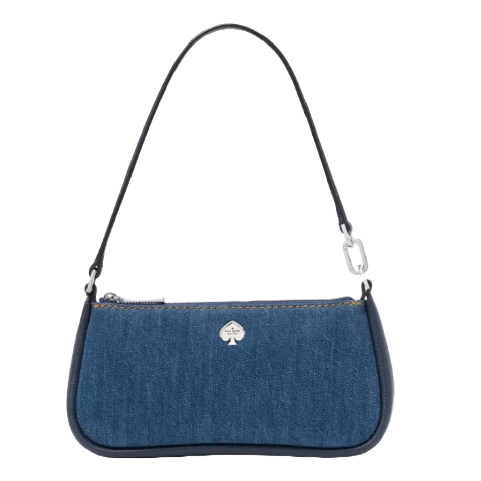 Denim shoulder bag with a black strap and silver hardware, featuring a spade logo at the front.